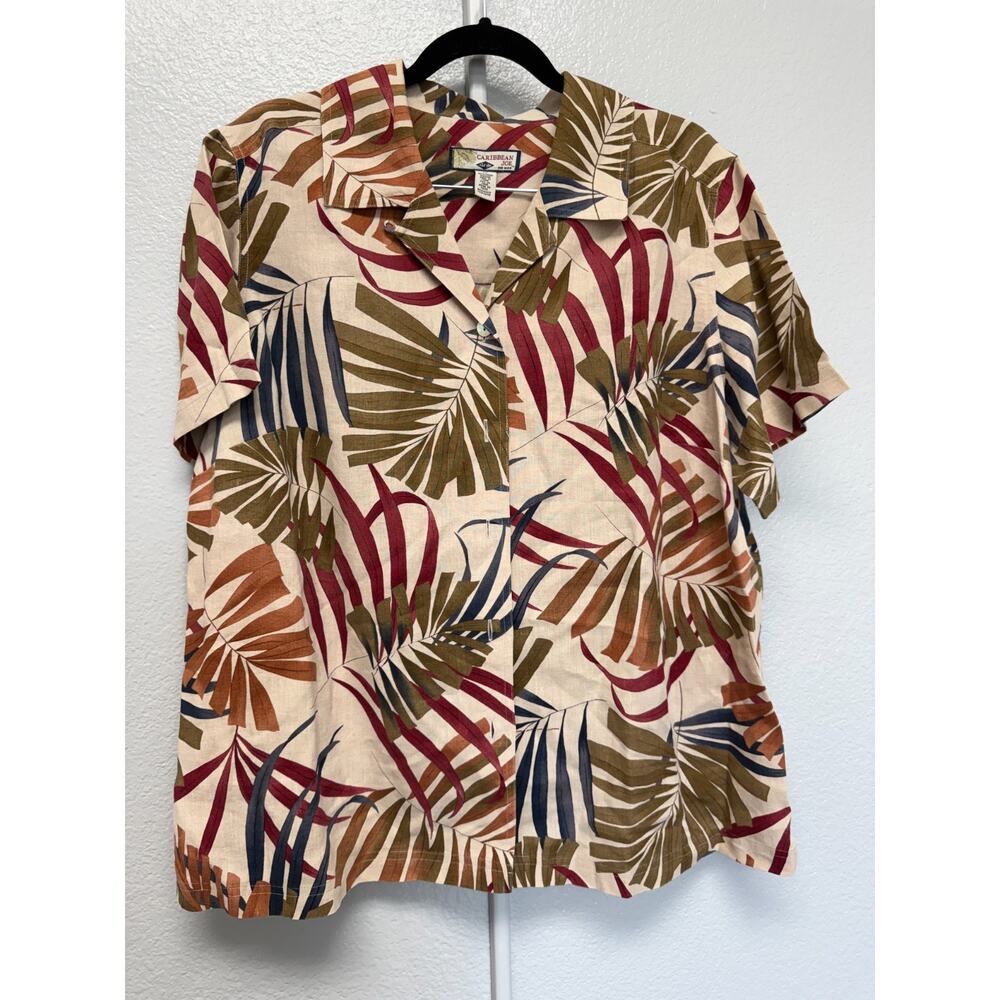 Caribbean Joe Women’s Short Sleeve Button Up Shirt Size 1X Tropical Plants